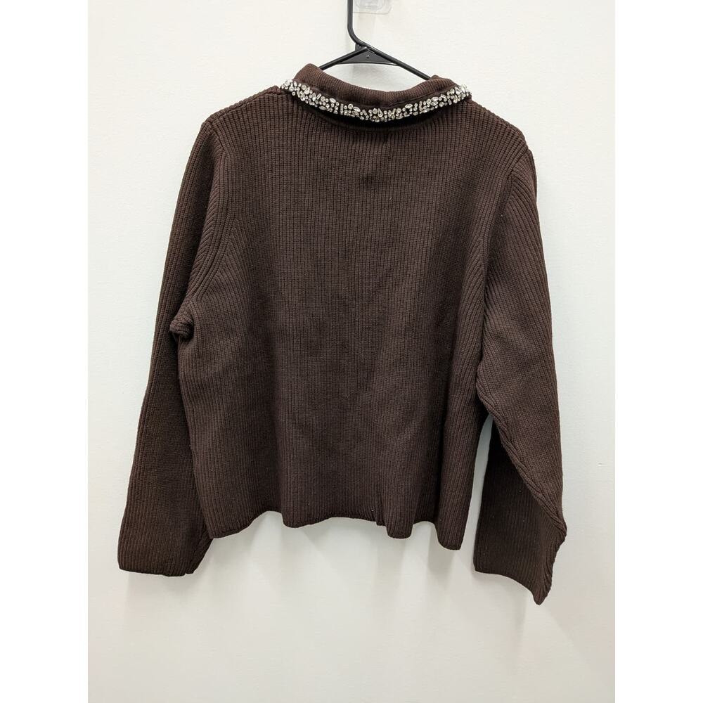Future Collective Brown Ribbed Cardigan Rhinestone Collar Button Up NWT - Picture 3 of 7